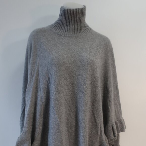 Womens Minnie Rose Grey Ruffled Trim Pure Cashmere Turtleneck Poncho Sweater O/S - Picture 7 of 11